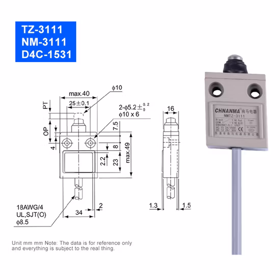 Tz-3102 시리즈 리미트 스위치, UR 내부 코어, 평행 상단 롤러, 스테인레스 스틸, 맞춤형 길이